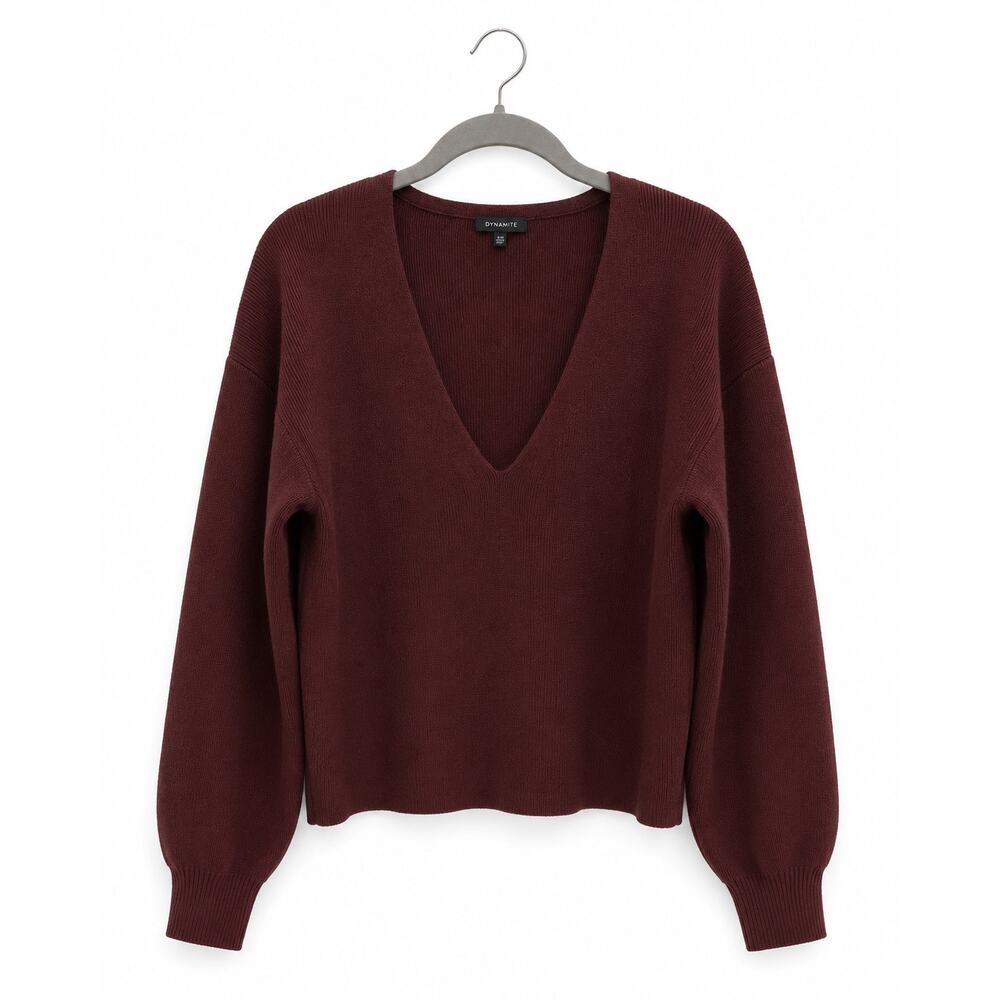 Dynamite Women’s Burgundy V Neck Knit Sweater Medium Oversized Soft Pullover - Picture 2 of 13